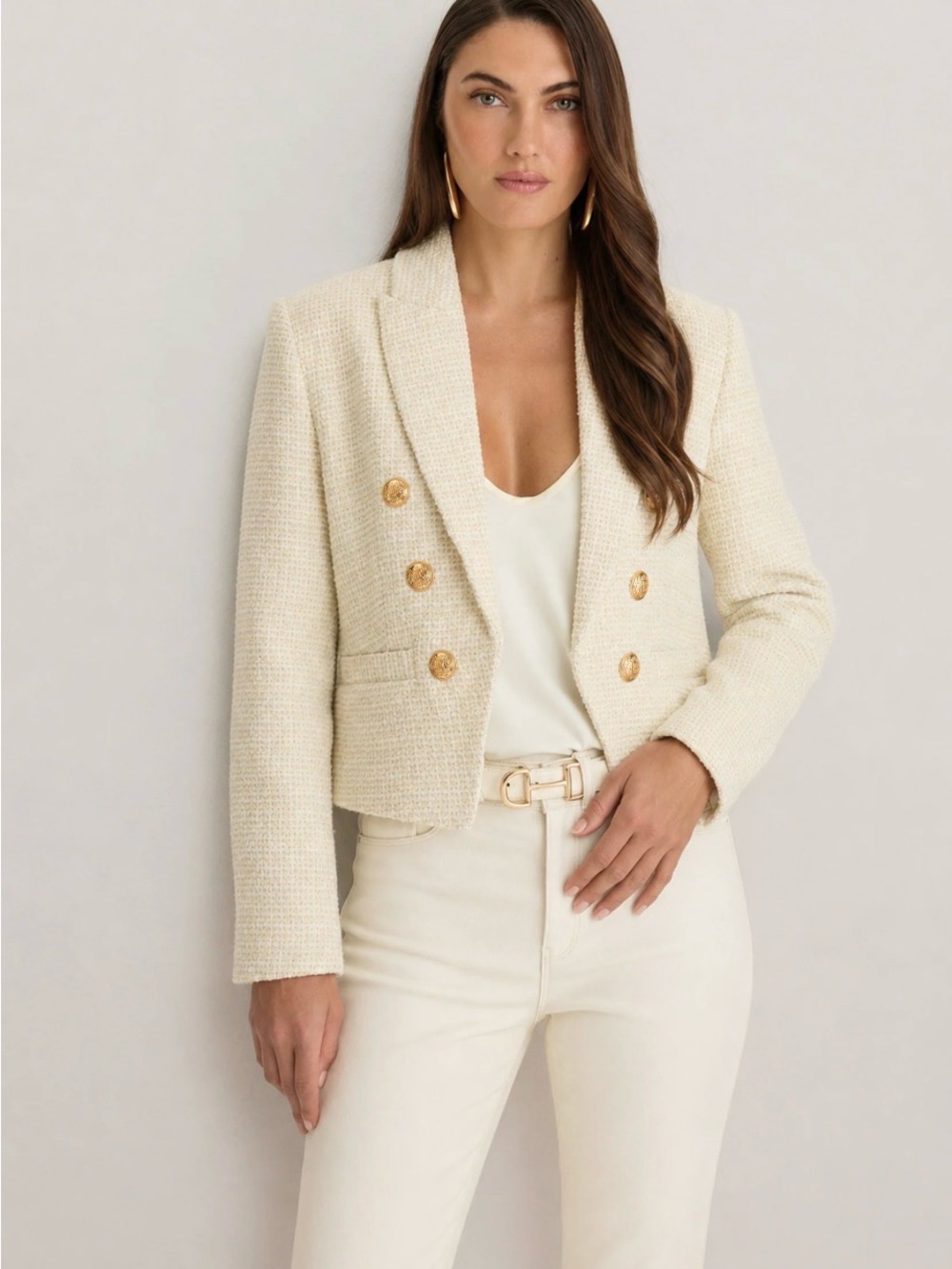 Noli Cream Tweed Double-Breasted Cropped Blazer with Gold Buttons